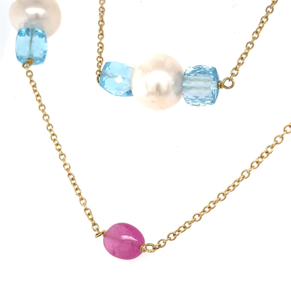 18k Yellow Gold Cultured Pearl and Multi-Gem Beaded Strand Necklace 40 inch 51.3 grams