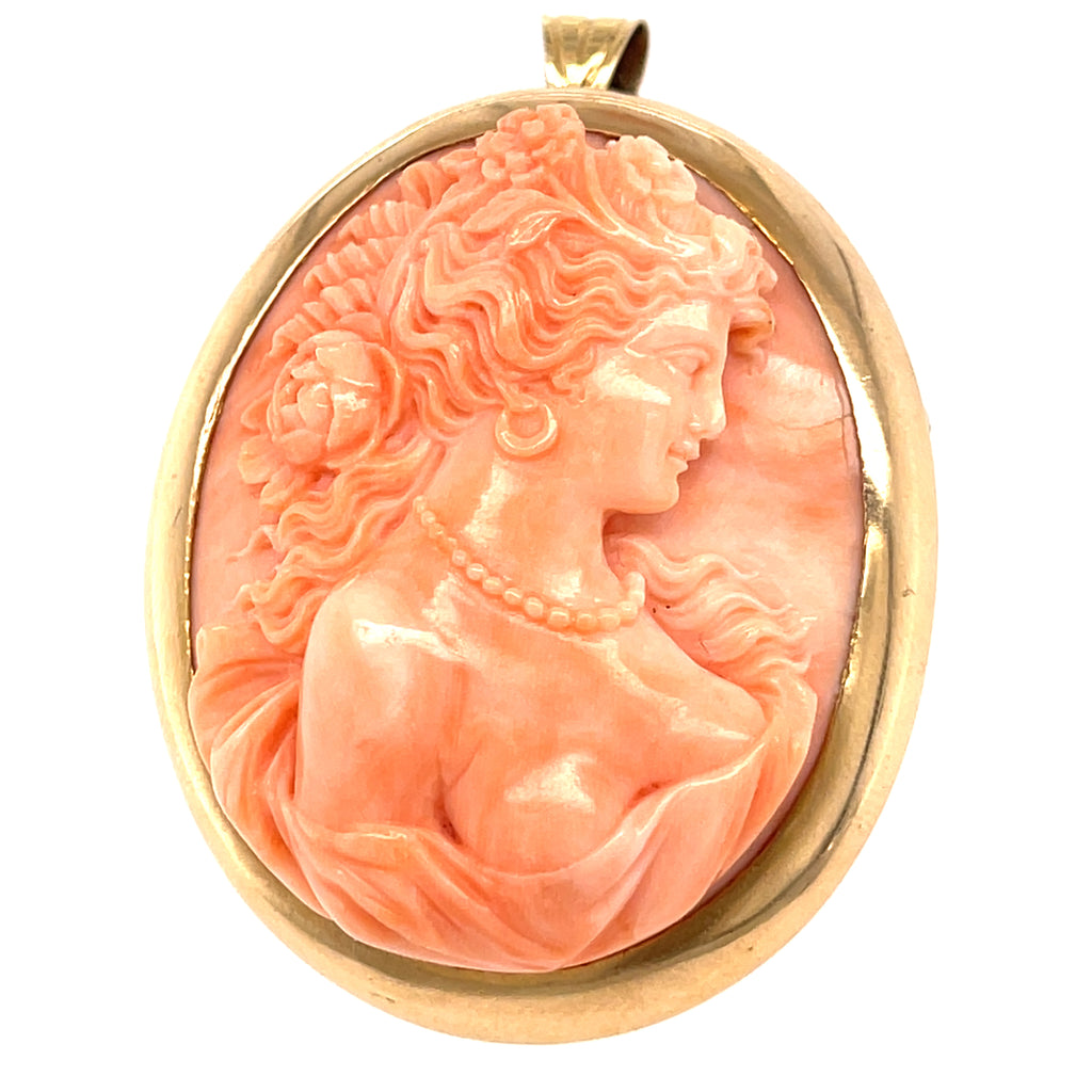 10k/14k Yellow Gold & Carved Coral Cameo Pendant / Brooch, 38.9g.