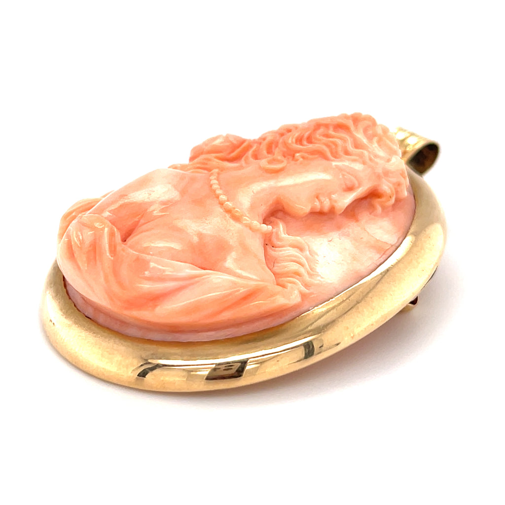 10k/14k Yellow Gold & Carved Coral Cameo Pendant / Brooch, 38.9g.