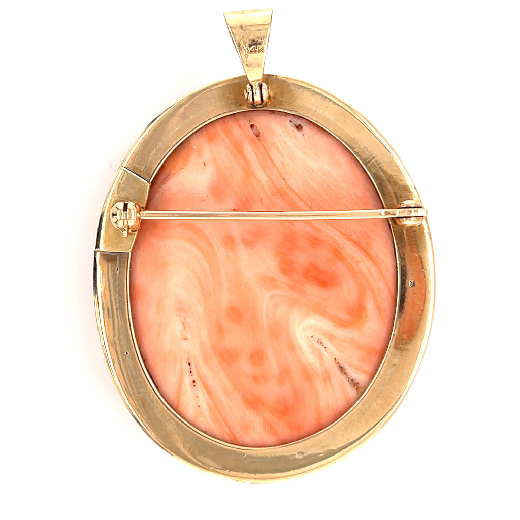 10k/14k Yellow Gold & Carved Coral Cameo Pendant / Brooch, 38.9g.