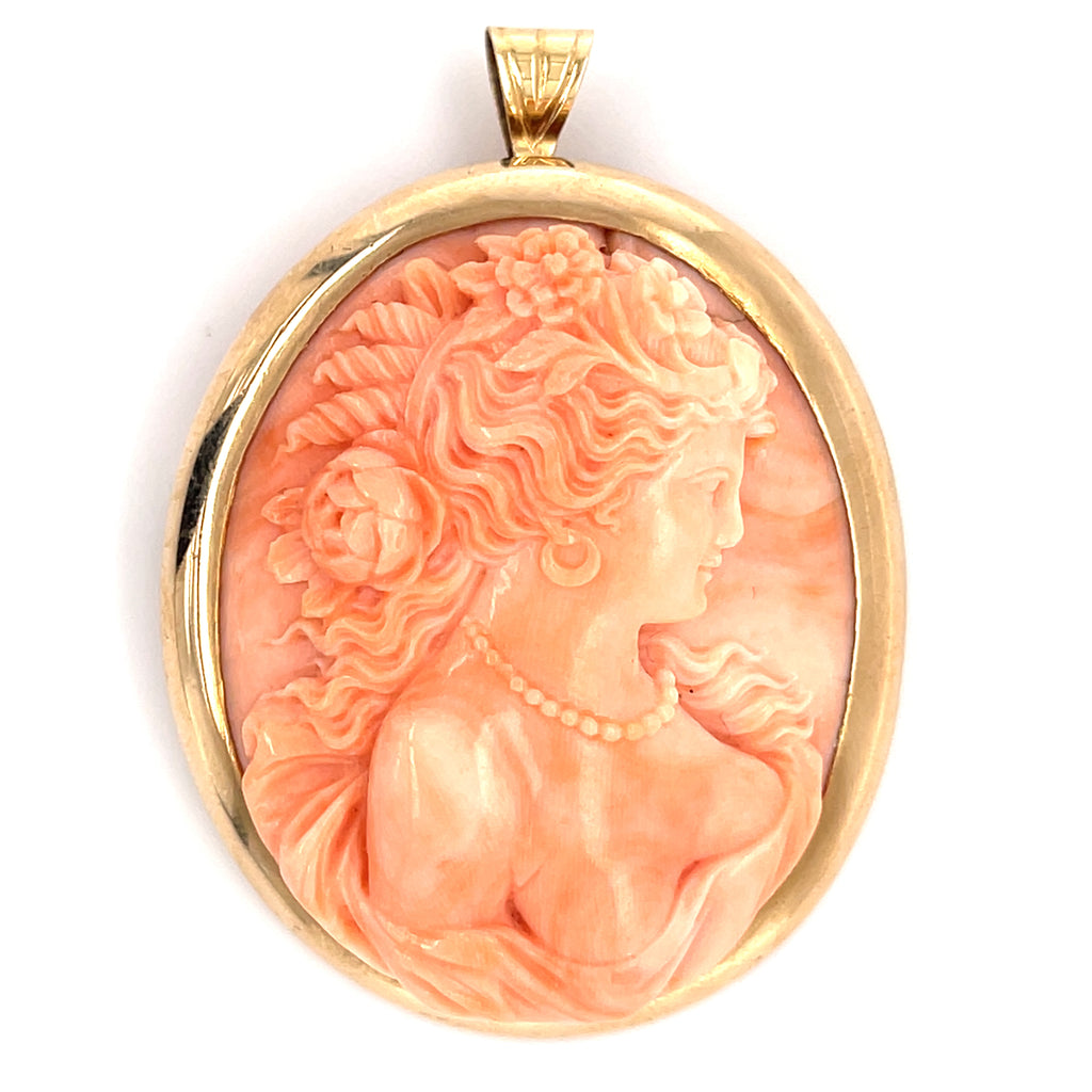10k/14k Yellow Gold & Carved Coral Cameo Pendant / Brooch, 38.9g.