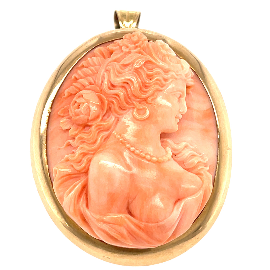 10k/14k Yellow Gold & Carved Coral Cameo Pendant / Brooch, 38.9g.