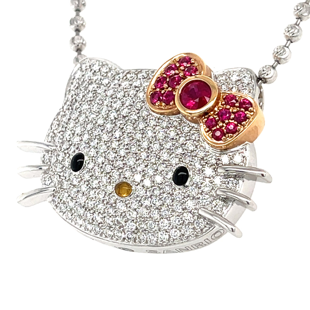 Kimora Lee Simons 18k White Gold & 1.30ct Diamond Hello Kitty Necklace w/ 0.65ct Ruby, Length 17.5 inches.
