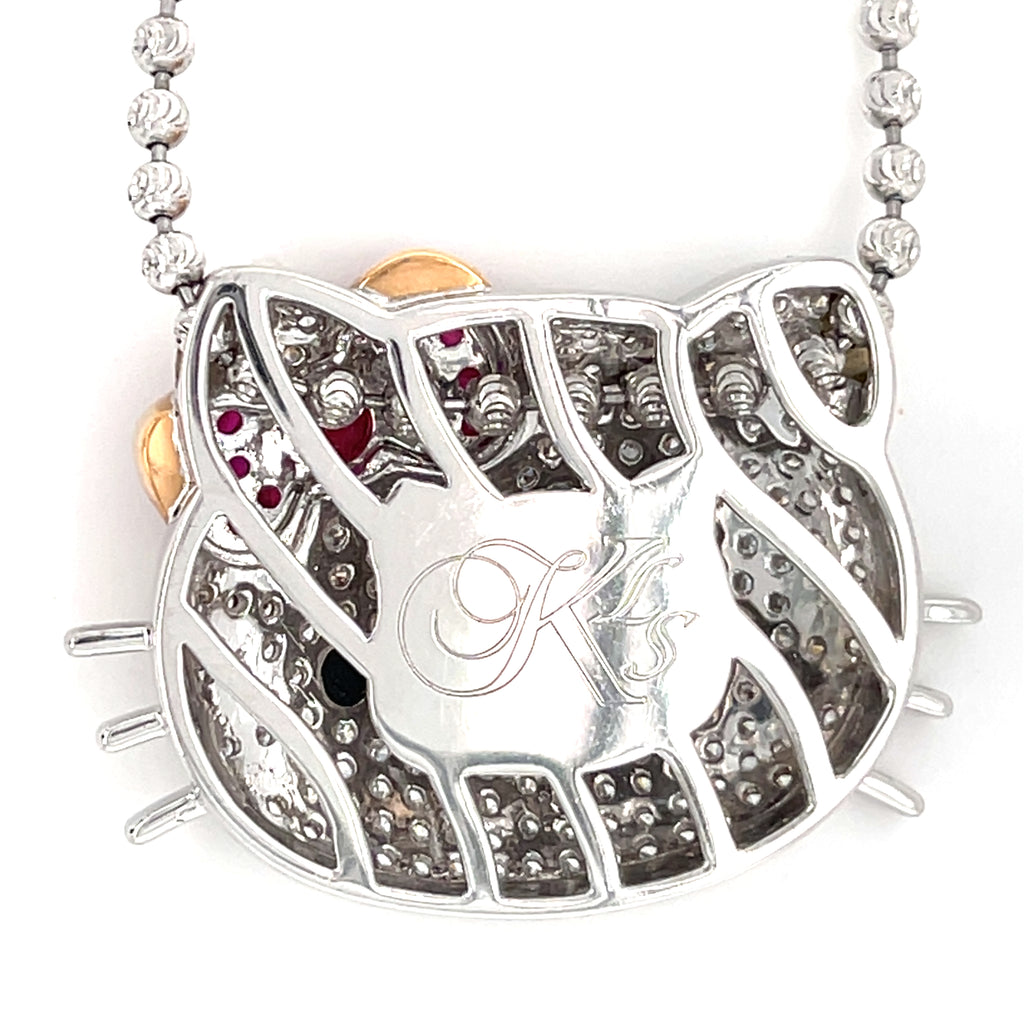Kimora Lee Simons 18k White Gold & 1.30ct Diamond Hello Kitty Necklace w/ 0.65ct Ruby, Length 17.5 inches.