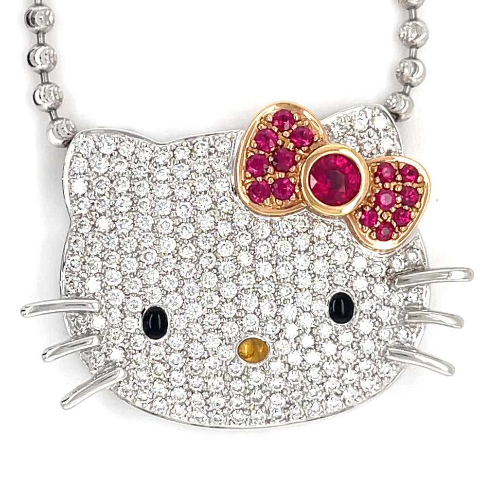 Kimora Lee Simons 18k White Gold & 1.30ct Diamond Hello Kitty Necklace w/ 0.65ct Ruby, Length 17.5 inches.