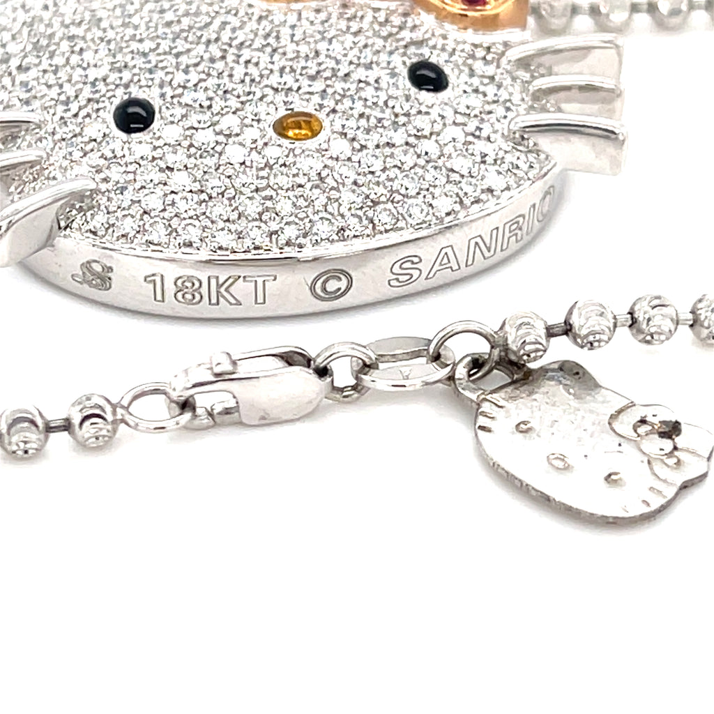 Kimora Lee Simons 18k White Gold & 1.30ct Diamond Hello Kitty Necklace w/ 0.65ct Ruby, Length 17.5 inches.