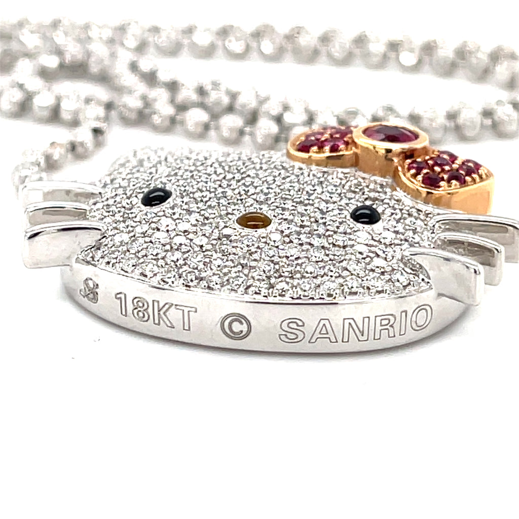 Kimora Lee Simons 18k White Gold & 1.30ct Diamond Hello Kitty Necklace w/ 0.65ct Ruby, Length 17.5 inches.