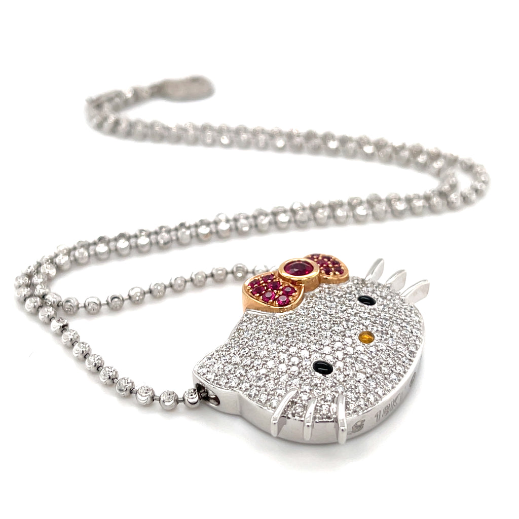 Kimora Lee Simons 18k White Gold & 1.30ct Diamond Hello Kitty Necklace w/ 0.65ct Ruby, Length 17.5 inches.