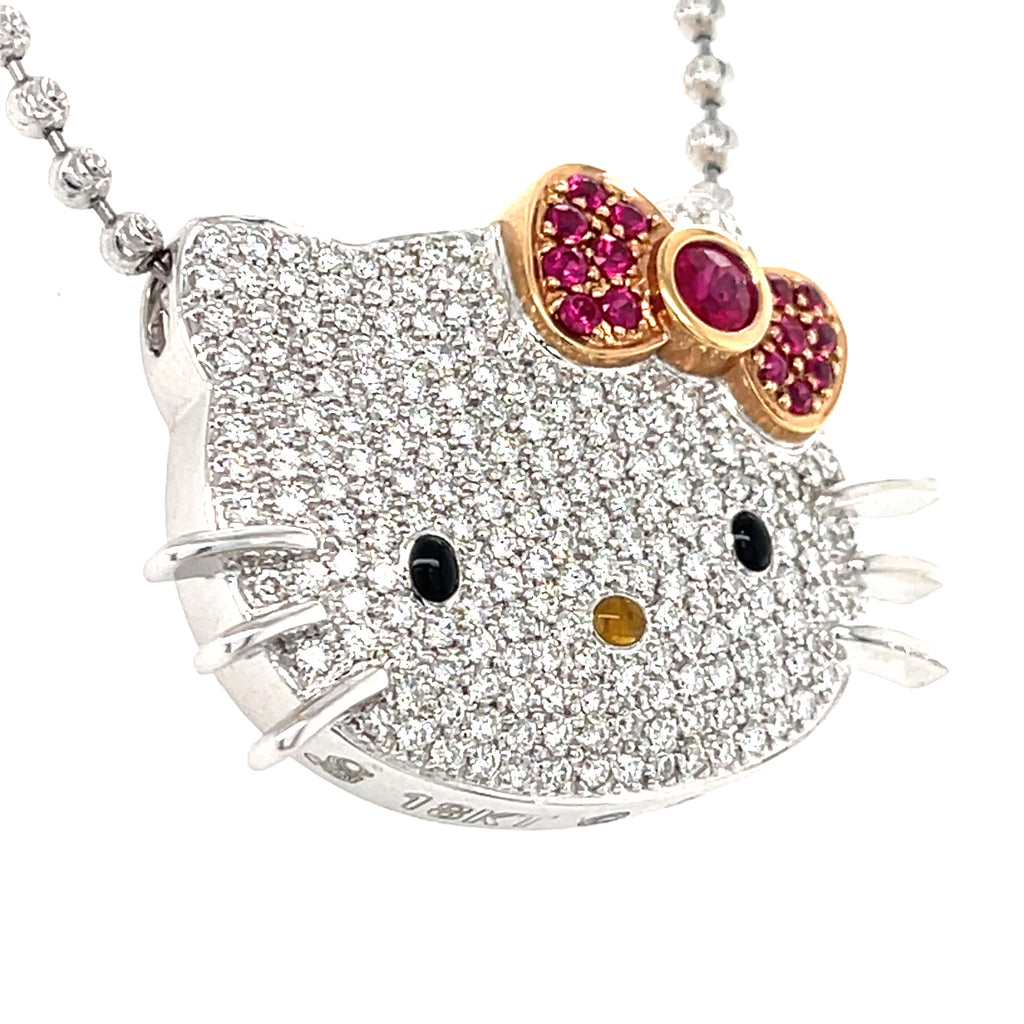 Kimora Lee Simons 18k White Gold & 1.30ct Diamond Hello Kitty Necklace w/ 0.65ct Ruby, Length 17.5 inches.