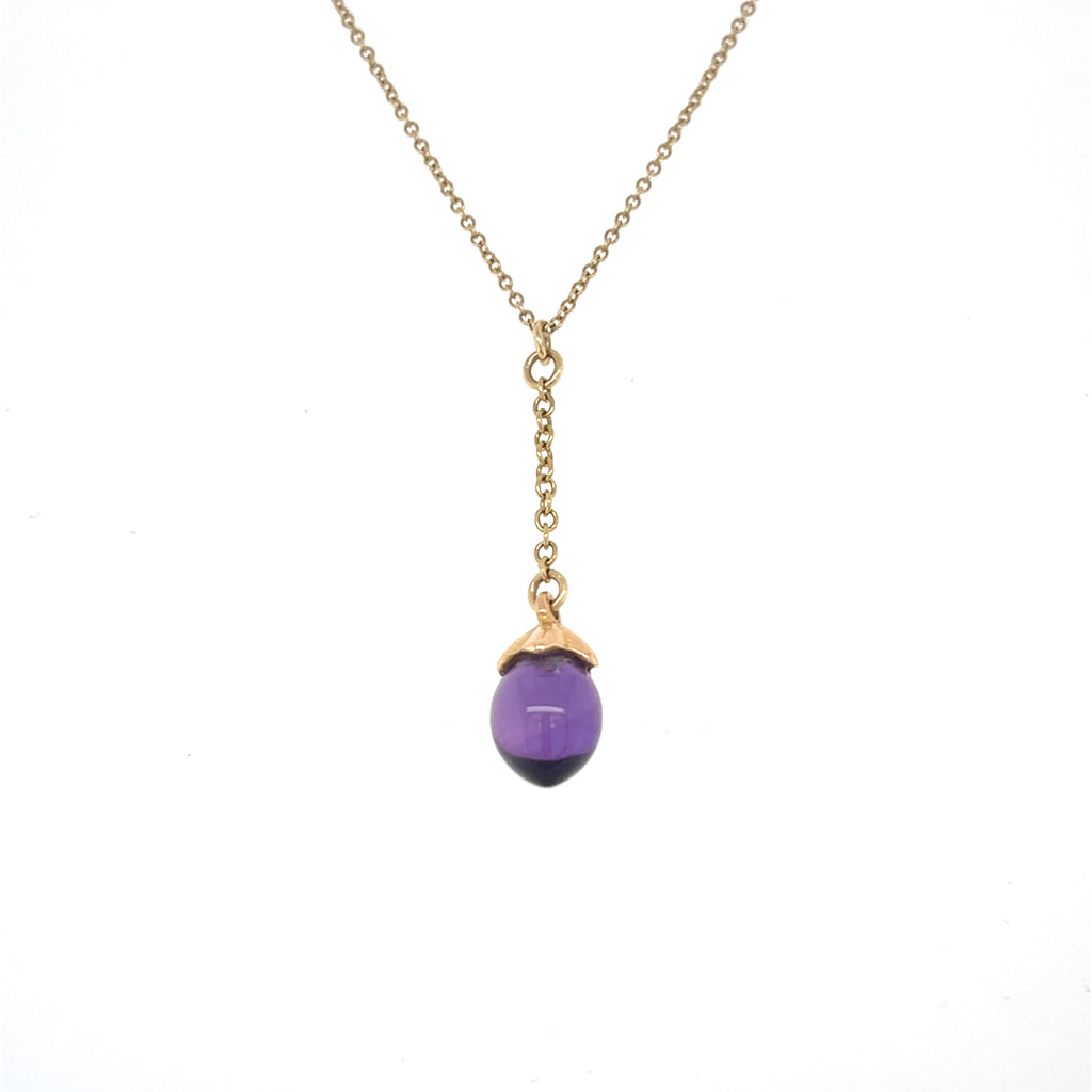 18k Yellow Gold Amethyst Drop Pendant Necklace, 18 Inch 14k Gold Chain, 2.5g.