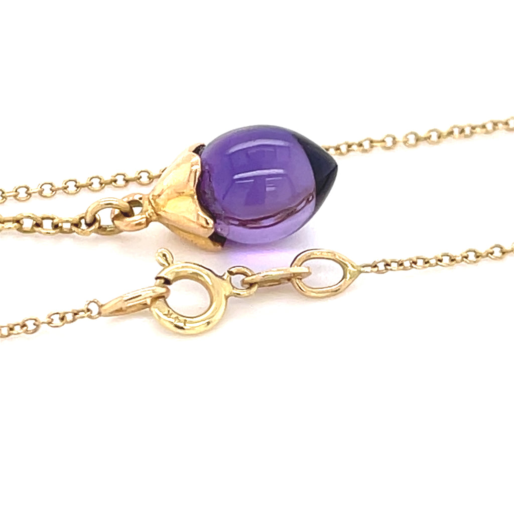 18k Yellow Gold Amethyst Drop Pendant Necklace, 18 Inch 14k Gold Chain, 2.5g.