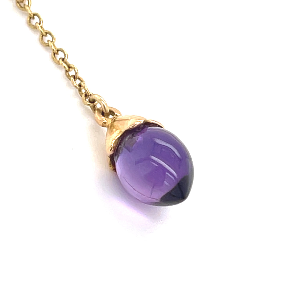 18k Yellow Gold Amethyst Drop Pendant Necklace, 18 Inch 14k Gold Chain, 2.5g.
