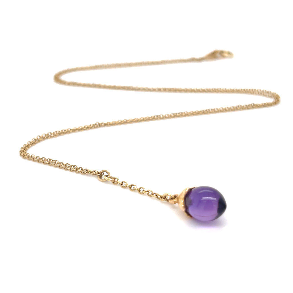 18k Yellow Gold Amethyst Drop Pendant Necklace, 18 Inch 14k Gold Chain, 2.5g.