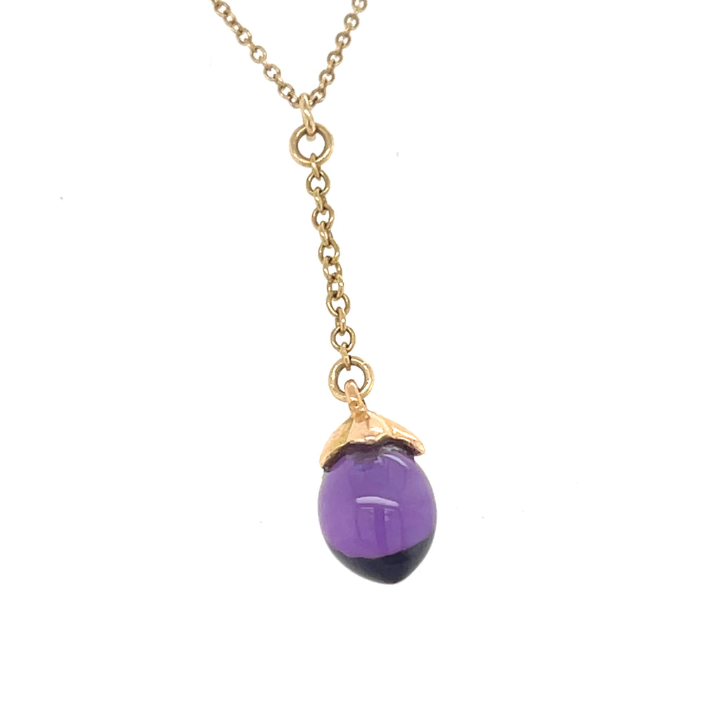 18k Yellow Gold Amethyst Drop Pendant Necklace, 18 Inch 14k Gold Chain, 2.5g.