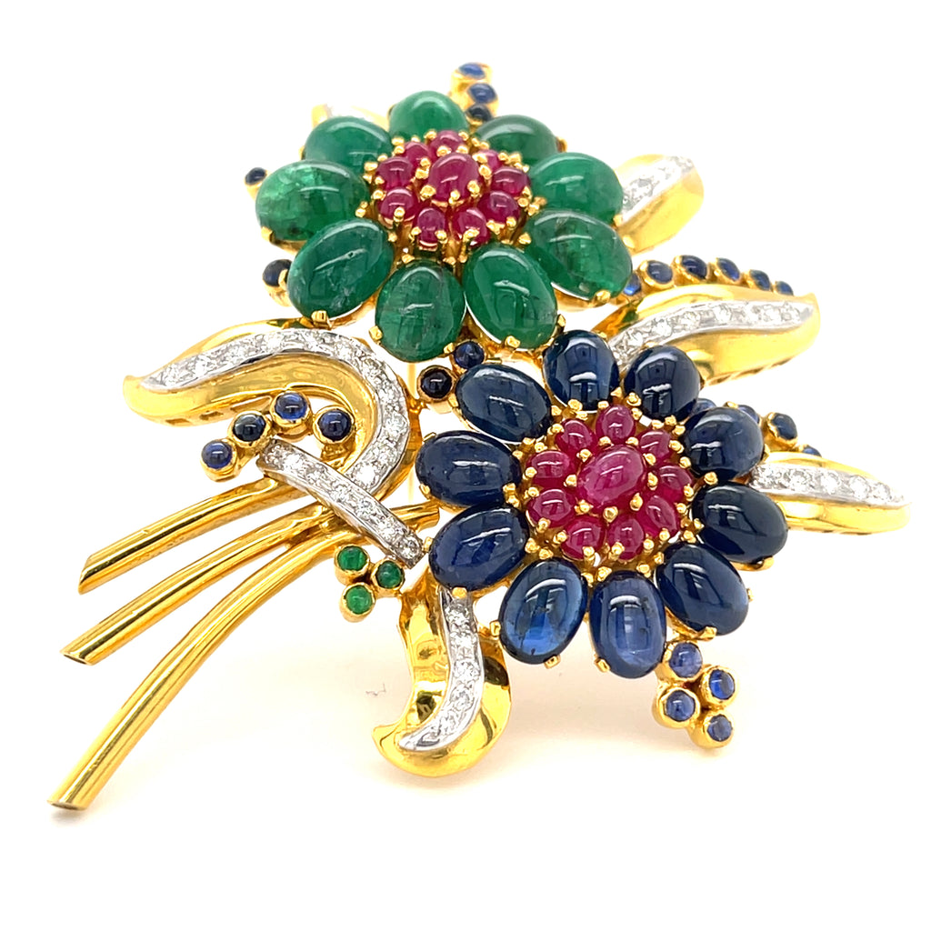 18k Gold Floral Brooch w/ Emerald, Sapphire, Ruby & Diamond, 31.2g.