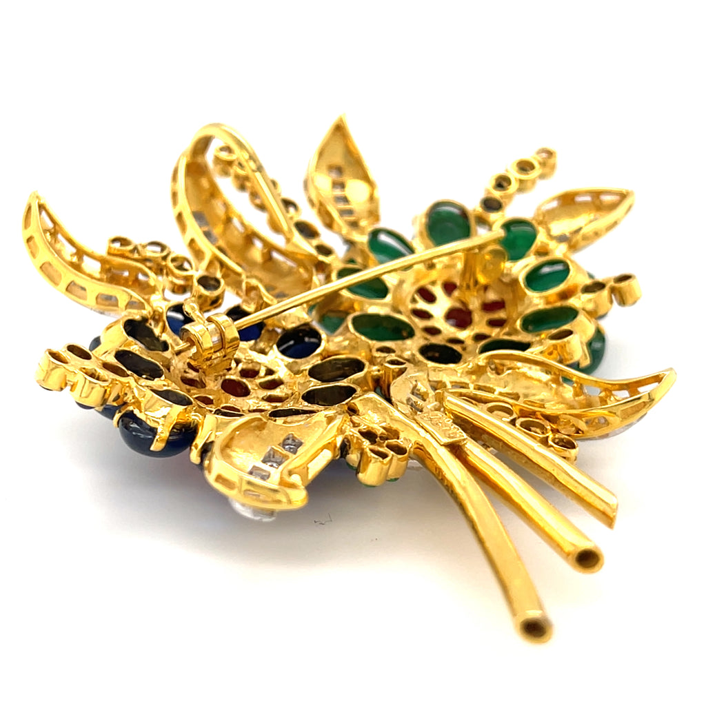 18k Gold Floral Brooch w/ Emerald, Sapphire, Ruby & Diamond, 31.2g.