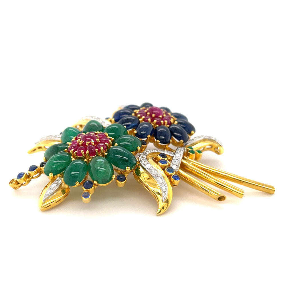 18k Gold Floral Brooch w/ Emerald, Sapphire, Ruby & Diamond, 31.2g.