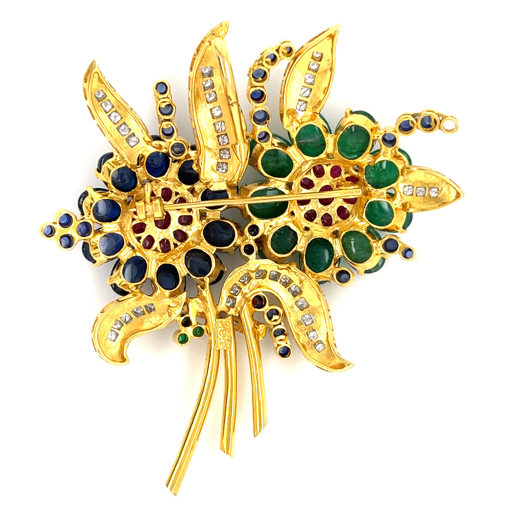 18k Gold Floral Brooch w/ Emerald, Sapphire, Ruby & Diamond, 31.2g.