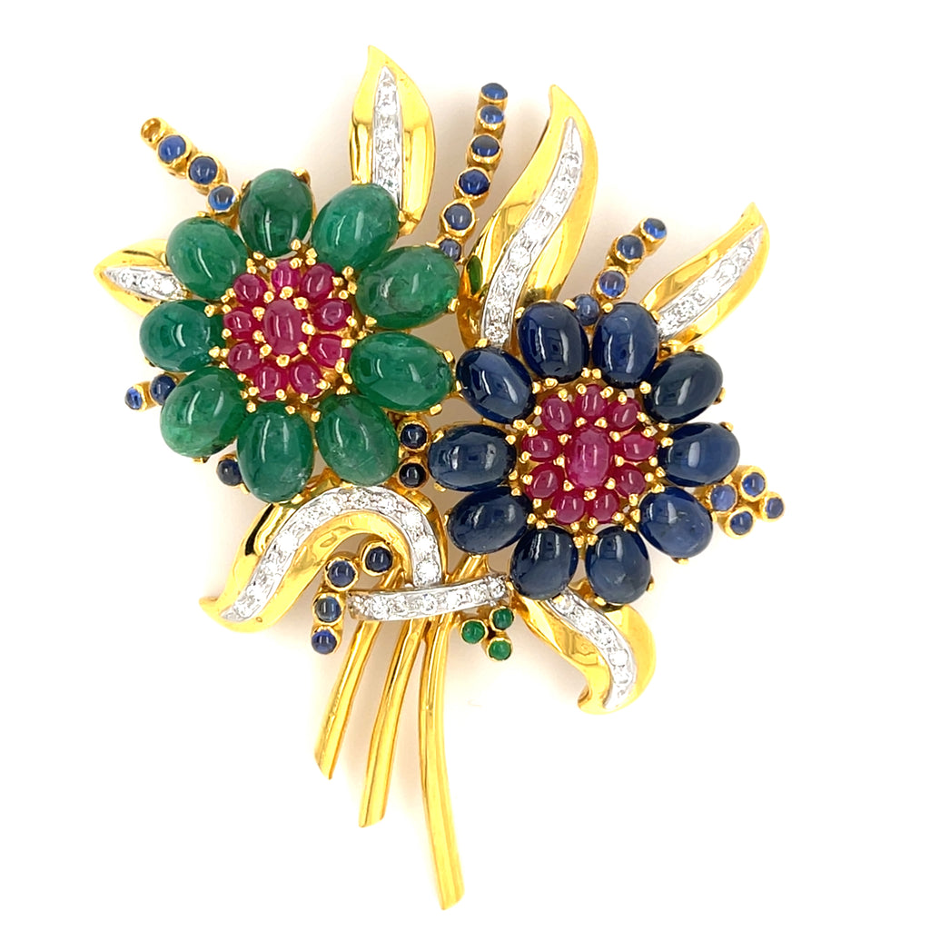 18k Gold Floral Brooch w/ Emerald, Sapphire, Ruby & Diamond, 31.2g.