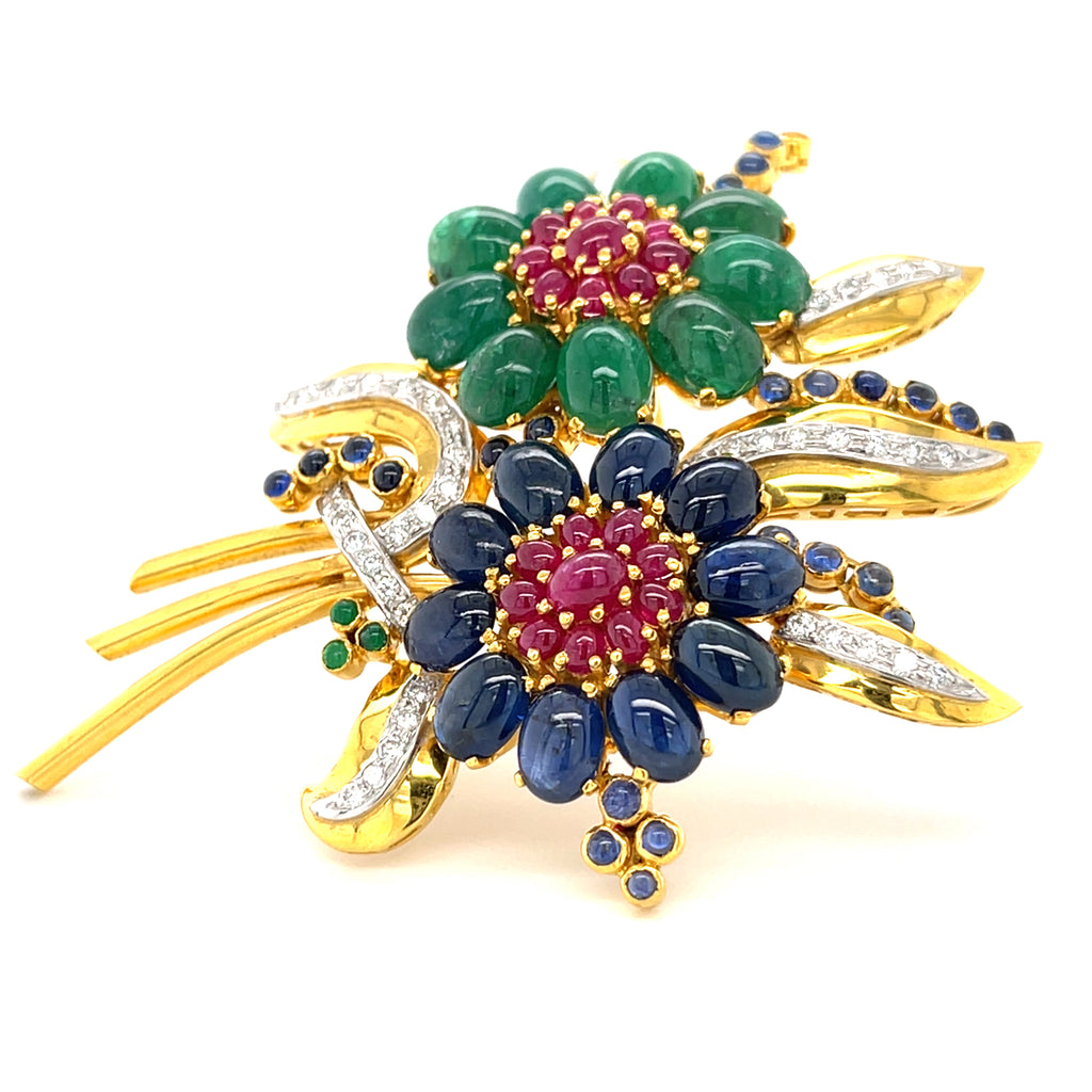 18k Gold Floral Brooch w/ Emerald, Sapphire, Ruby & Diamond, 31.2g.