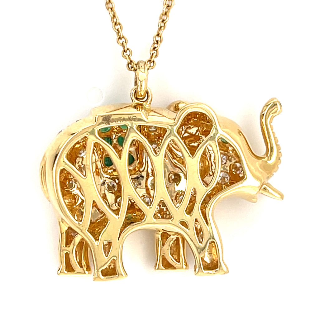 Anita Ko 18k Gold, Diamond & Emerald Elephant Pendant Necklace, 25" 14k Gold Chain.