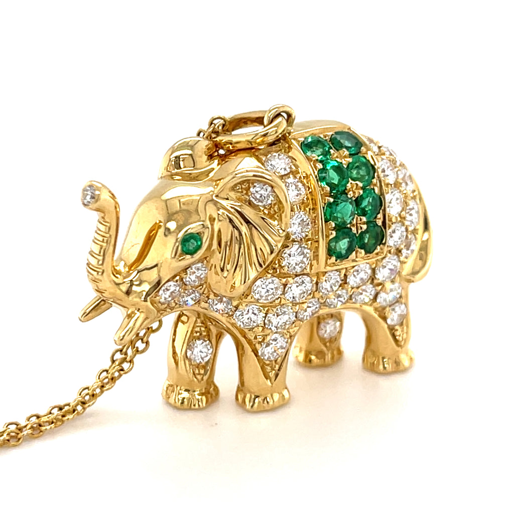 Anita Ko 18k Gold, Diamond & Emerald Elephant Pendant Necklace, 25" 14k Gold Chain.
