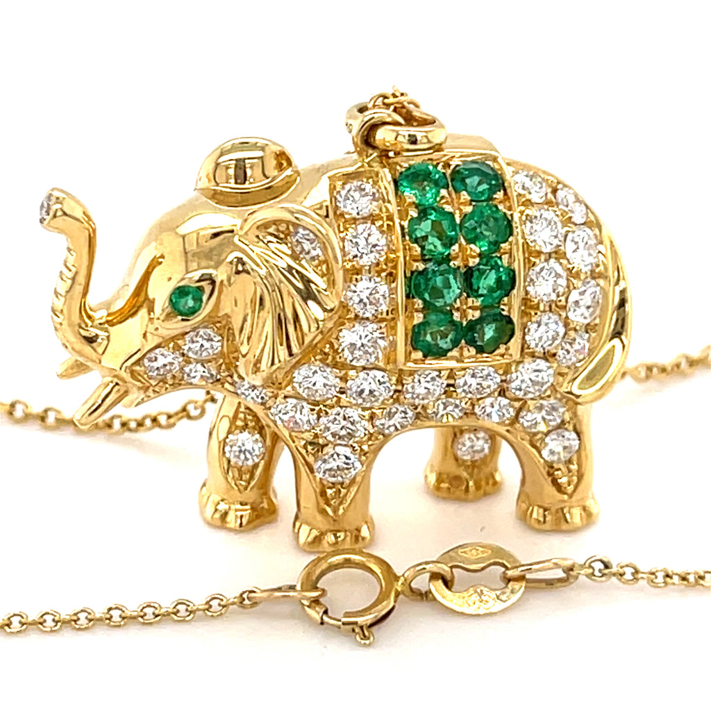 Anita Ko 18k Gold, Diamond & Emerald Elephant Pendant Necklace, 25" 14k Gold Chain.