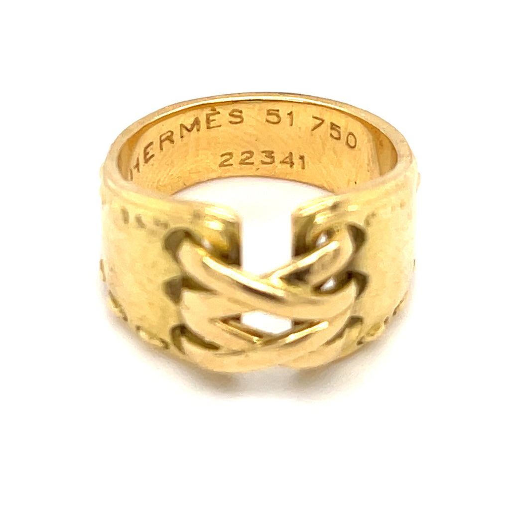 Hermes 18k Yellow Gold Corset Stitch Ring, Size 6, 10.6g.