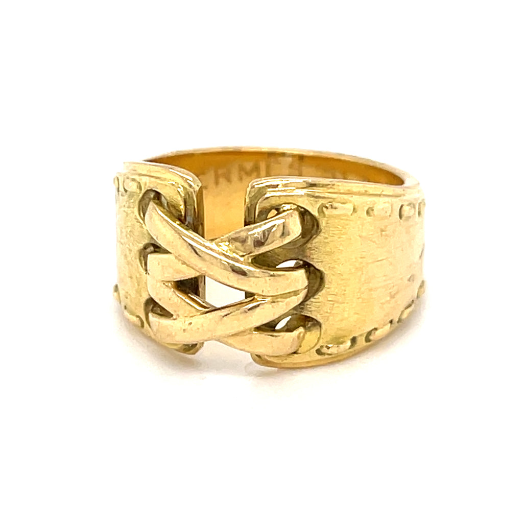 Hermes 18k Yellow Gold Corset Stitch Ring, Size 6, 10.6g.