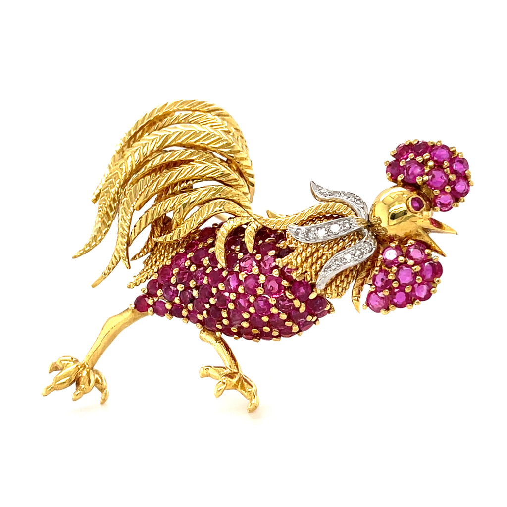 Tiffany & Co. 18k Yellow Gold and Platinum Rooster Brooch w/ Ruby and Diamond.