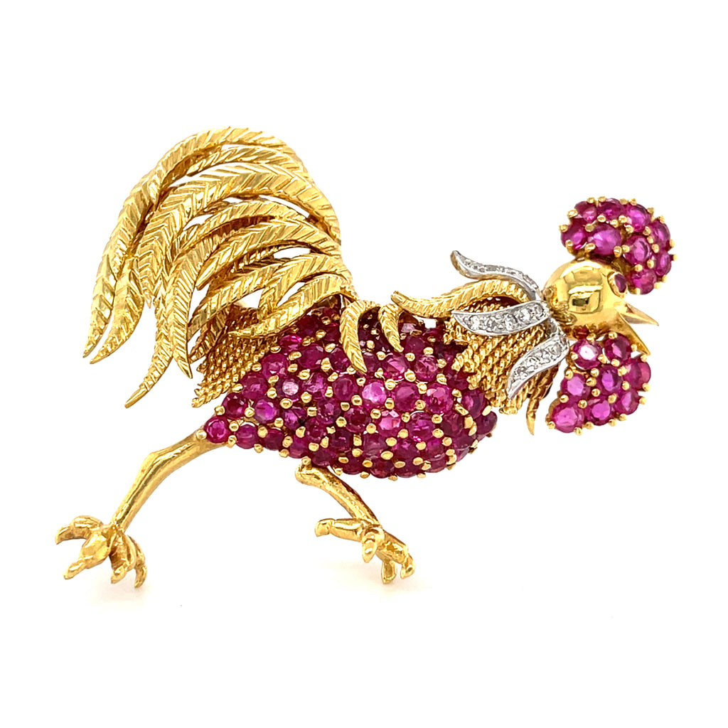 Tiffany & Co. 18k Yellow Gold and Platinum Rooster Brooch w/ Ruby and Diamond.