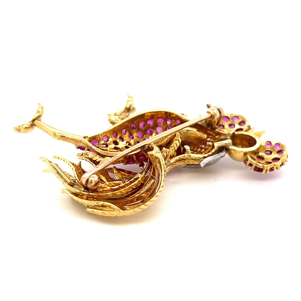 Tiffany & Co. 18k Yellow Gold and Platinum Rooster Brooch w/ Ruby and Diamond.