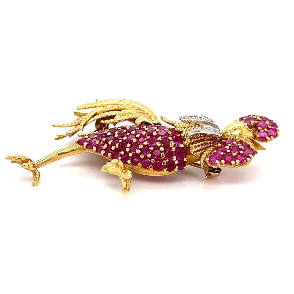 Tiffany & Co. 18k Yellow Gold and Platinum Rooster Brooch w/ Ruby and Diamond.