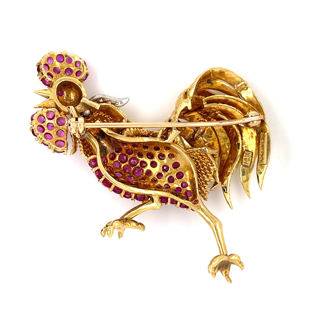 Tiffany & Co. 18k Yellow Gold and Platinum Rooster Brooch w/ Ruby and Diamond.