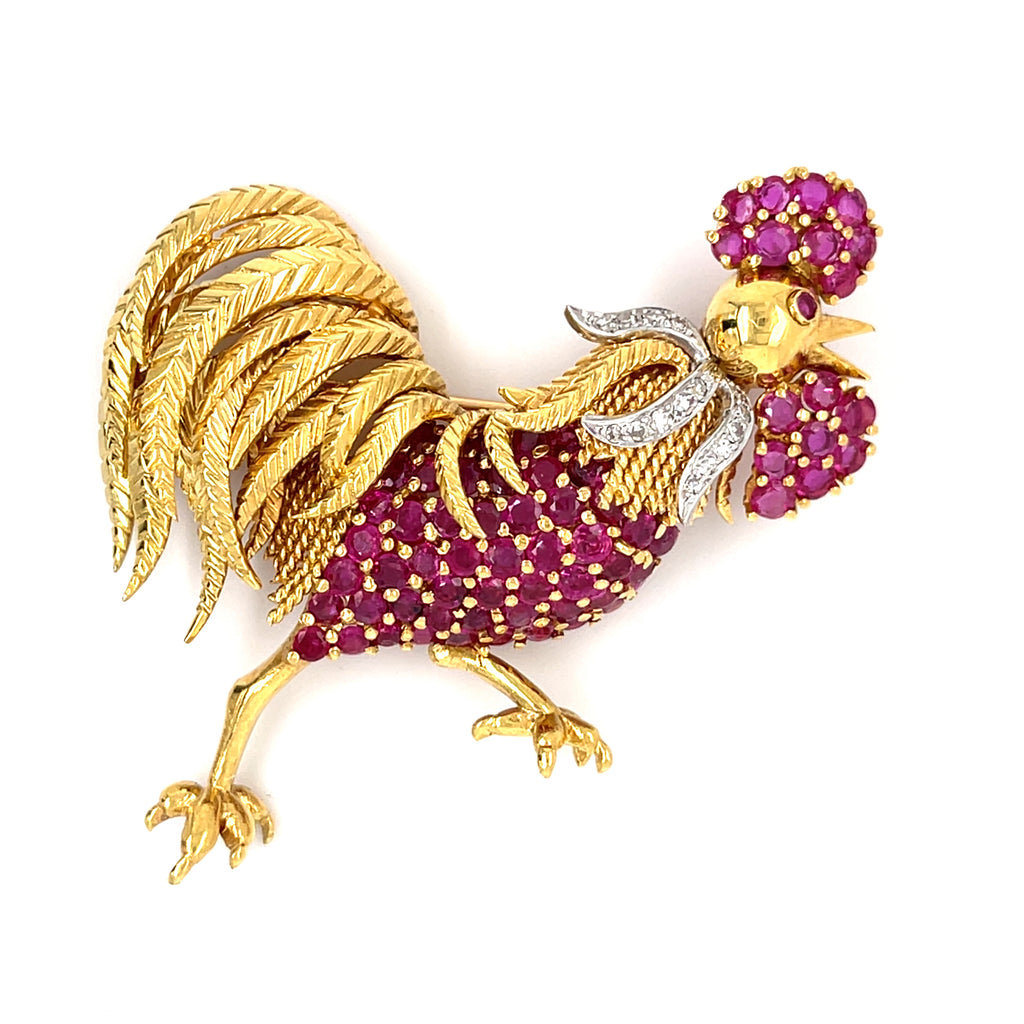 Tiffany & Co. 18k Yellow Gold and Platinum Rooster Brooch w/ Ruby and Diamond.