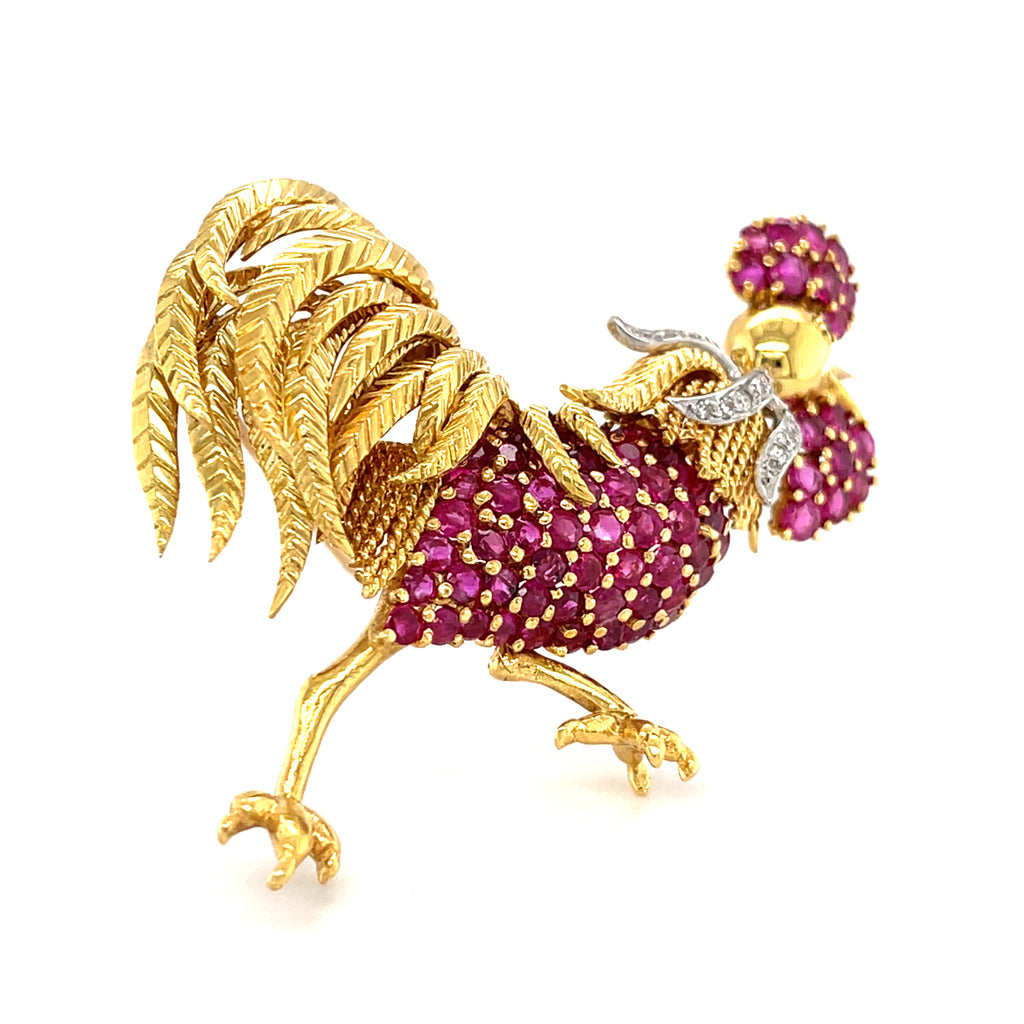 Tiffany & Co. 18k Yellow Gold and Platinum Rooster Brooch w/ Ruby and Diamond.