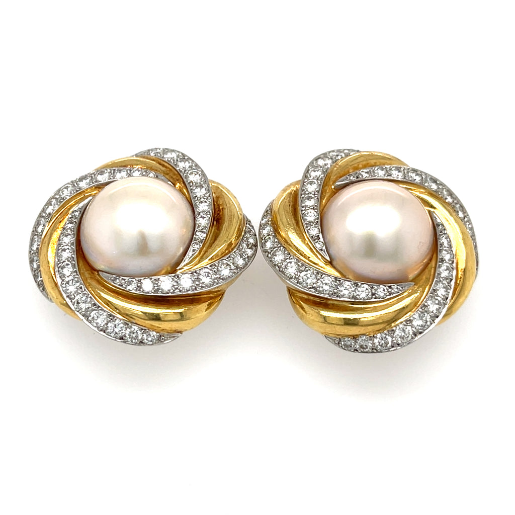 Charles Turi 18k Gold & Platinum Mabe Pearl Clip-on Earrings w/ 3.3ct Diamond Accents.