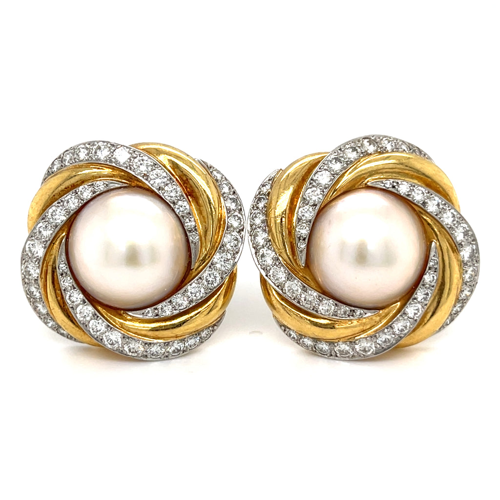 Charles Turi 18k Gold & Platinum Mabe Pearl Clip-on Earrings w/ 3.3ct Diamond Accents.