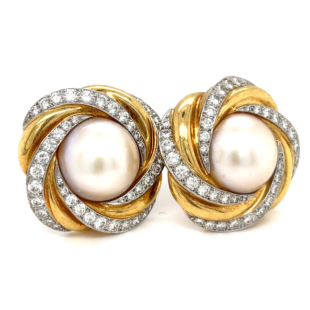 Charles Turi 18k Gold & Platinum Mabe Pearl Clip-on Earrings w/ 3.3ct Diamond Accents.