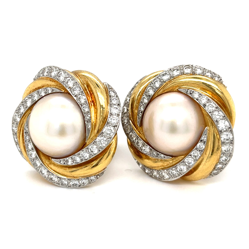Charles Turi 18k Gold & Platinum Mabe Pearl Clip-on Earrings w/ 3.3ct Diamond Accents.