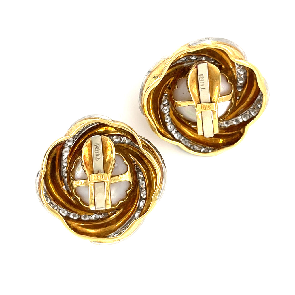 Charles Turi 18k Gold & Platinum Mabe Pearl Clip-on Earrings w/ 3.3ct Diamond Accents.