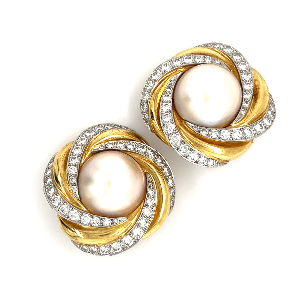 Charles Turi 18k Gold & Platinum Mabe Pearl Clip-on Earrings w/ 3.3ct Diamond Accents.