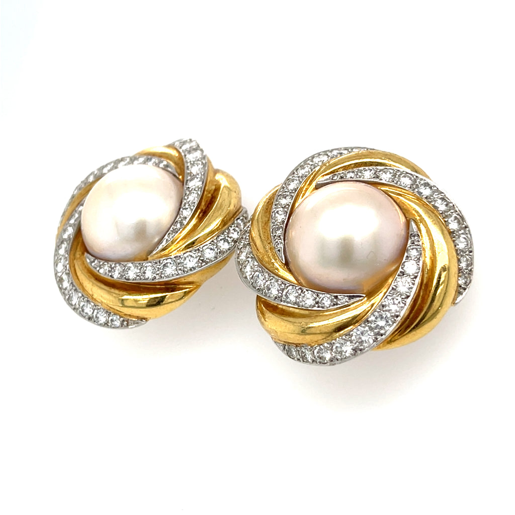 Charles Turi 18k Gold & Platinum Mabe Pearl Clip-on Earrings w/ 3.3ct Diamond Accents.