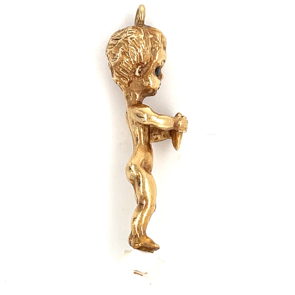 Ruser 14k Gold Mississippi River Pearl & Sapphire Angel Pendant, 42mm, 10g.