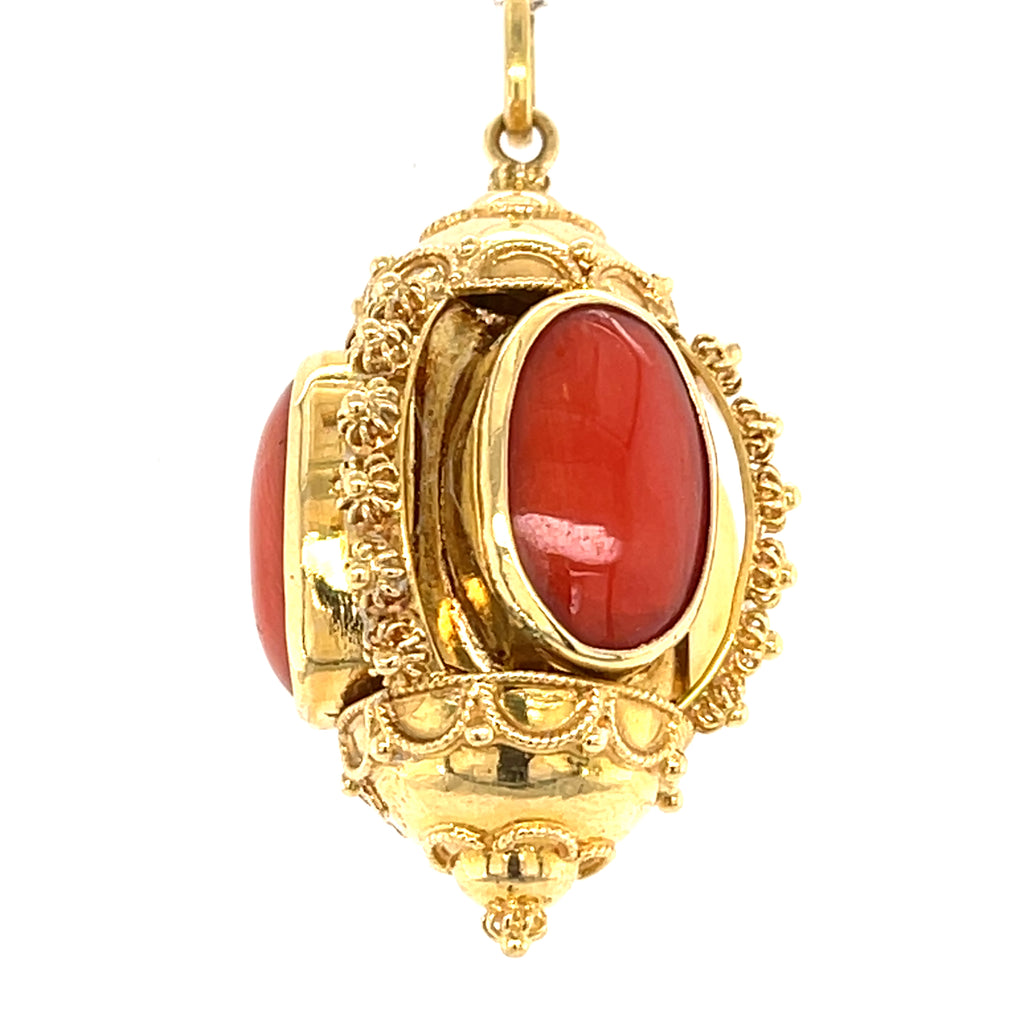 18k Yellow Gold & Coral Cabochon Ornate Pendant, 14.5g.