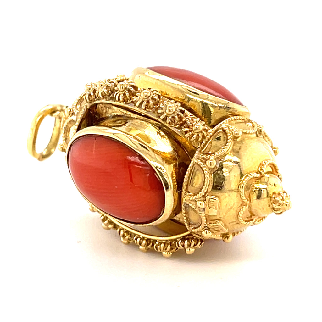 18k Yellow Gold & Coral Cabochon Ornate Pendant, 14.5g.