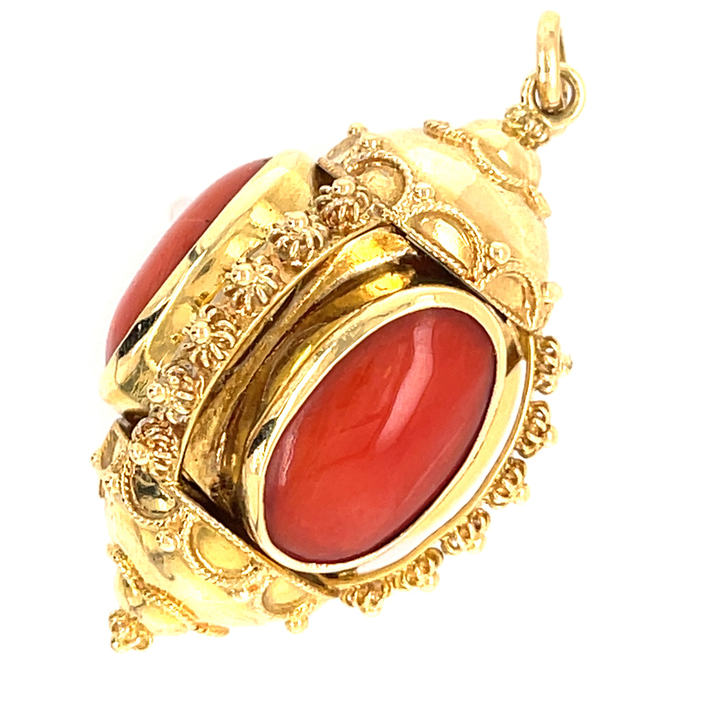 18k Yellow Gold & Coral Cabochon Ornate Pendant, 14.5g.