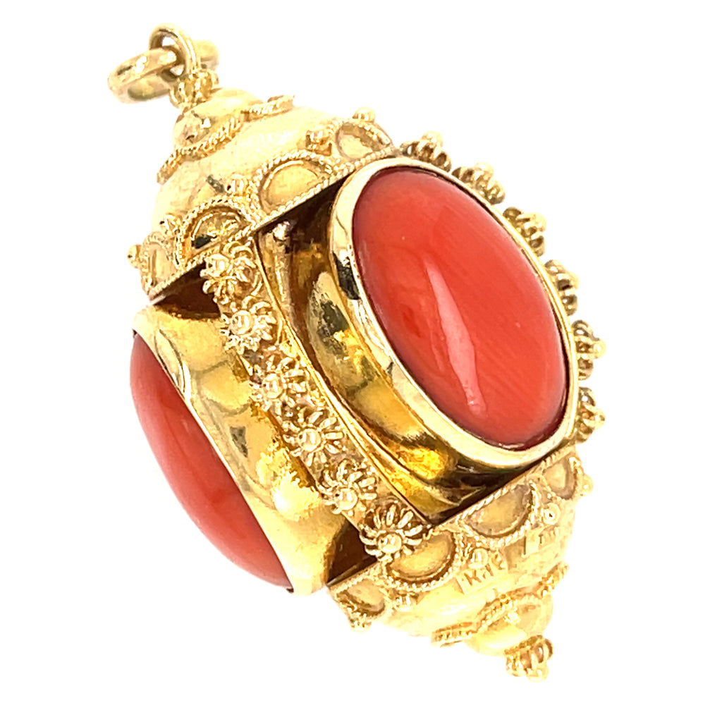 18k Yellow Gold & Coral Cabochon Ornate Pendant, 14.5g.