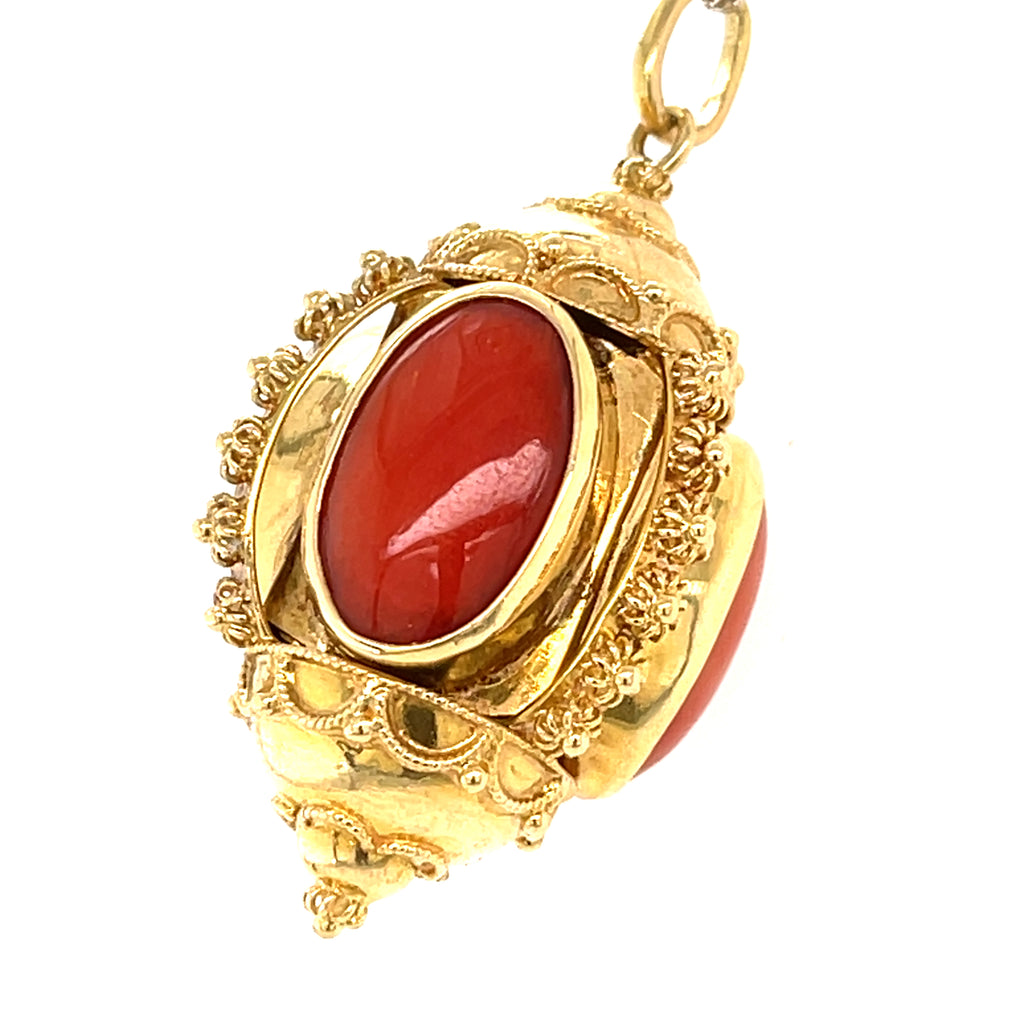 18k Yellow Gold & Coral Cabochon Ornate Pendant, 14.5g.