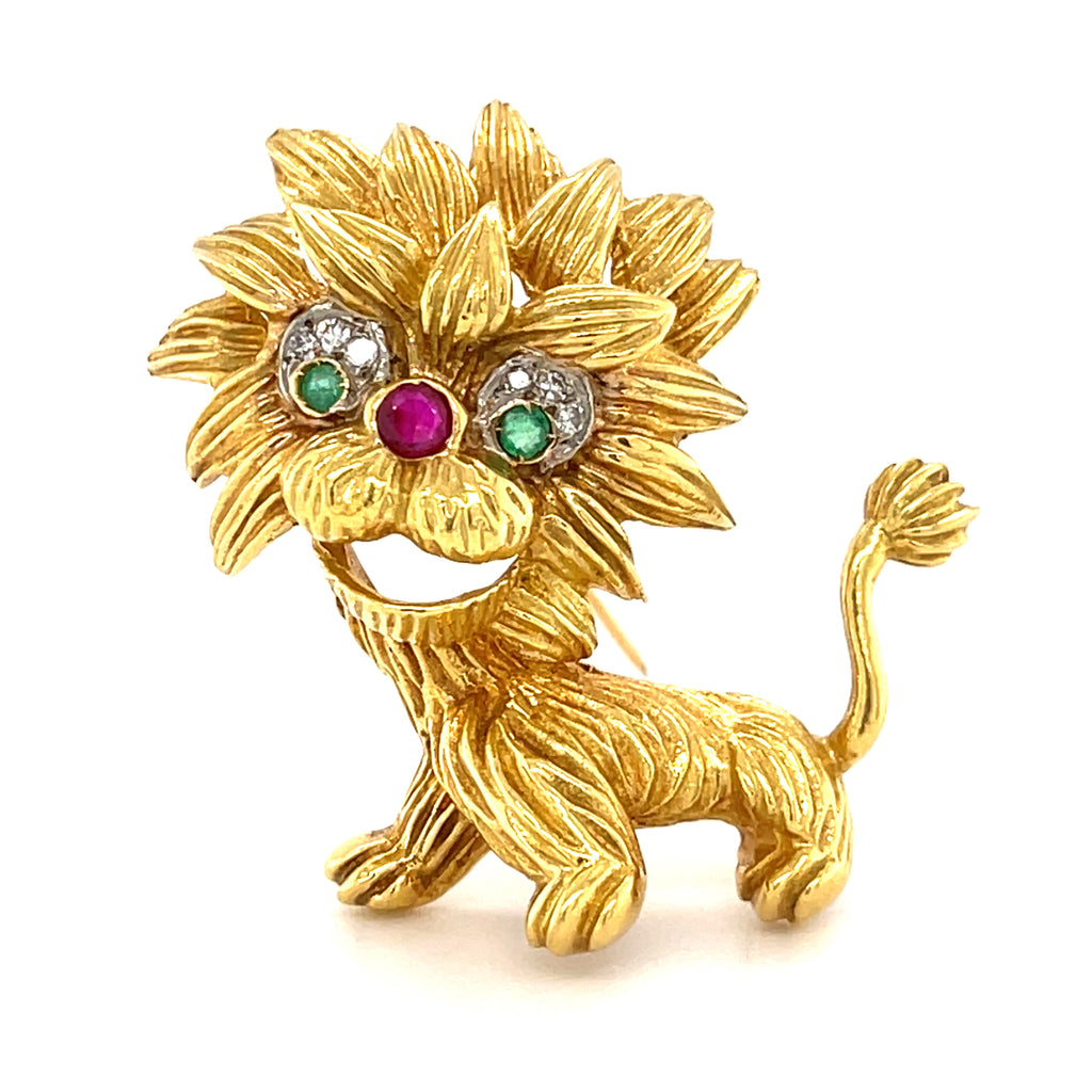 Vintage Cartier 18k Gold Lion Dragon Brooch w/ Emerald, Ruby and Diamond Accents.